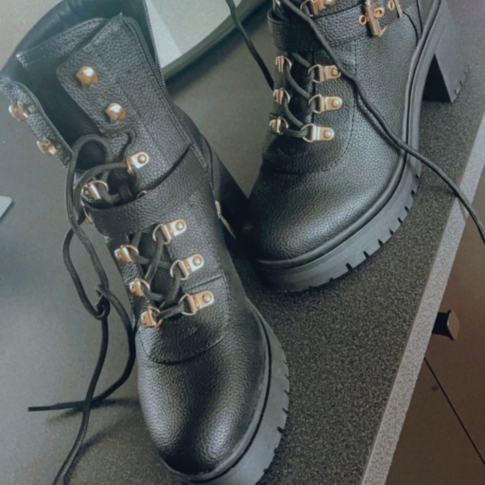 Black Chunky Heel Combat Boot